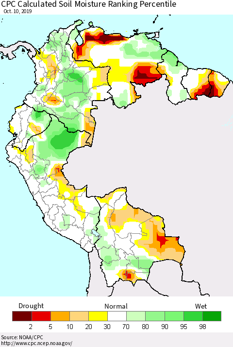 Northern South America CPC Soil Moisture Ranking Percentile (Leaky Bucket) Thematic Map For 10/6/2019 - 10/10/2019