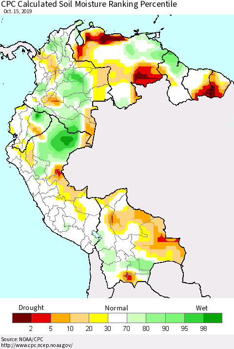 Northern South America CPC Soil Moisture Ranking Percentile (Leaky Bucket) Thematic Map For 10/11/2019 - 10/15/2019