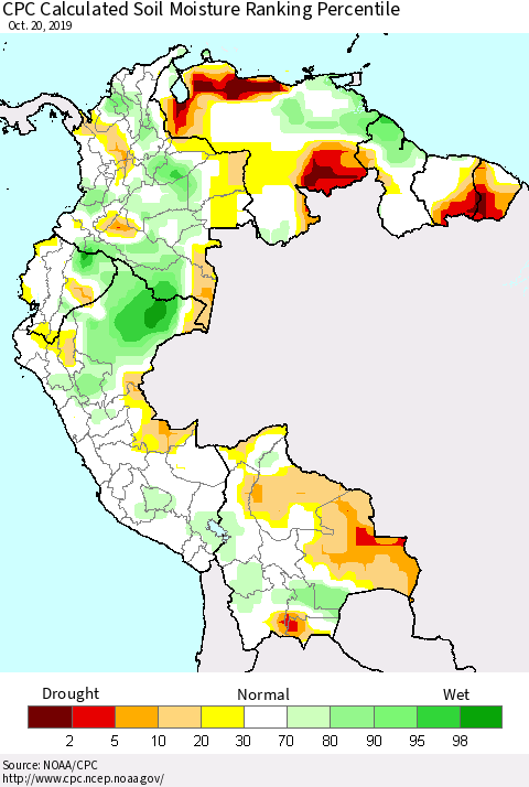 Northern South America CPC Soil Moisture Ranking Percentile (Leaky Bucket) Thematic Map For 10/16/2019 - 10/20/2019