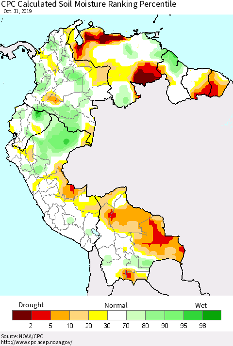 Northern South America CPC Soil Moisture Ranking Percentile (Leaky Bucket) Thematic Map For 10/26/2019 - 10/31/2019