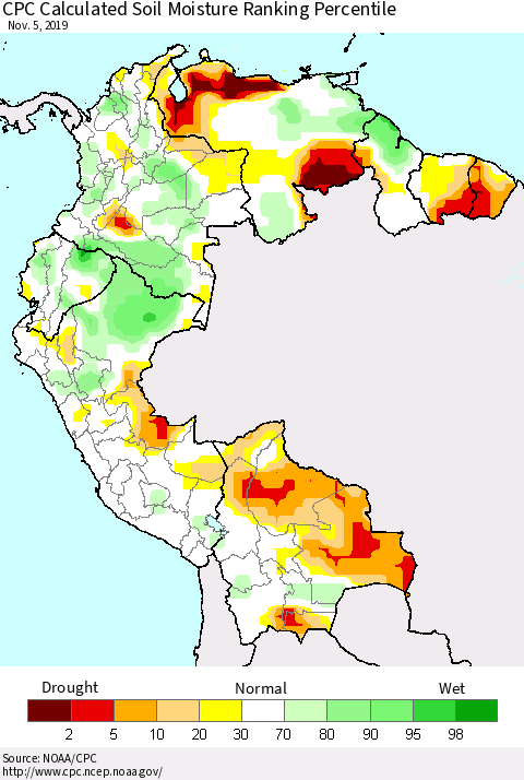 Northern South America CPC Calculated Soil Moisture Ranking Percentile Thematic Map For 11/1/2019 - 11/5/2019