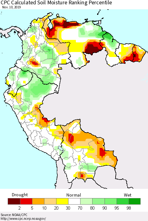 Northern South America CPC Soil Moisture Ranking Percentile (Leaky Bucket) Thematic Map For 11/6/2019 - 11/10/2019