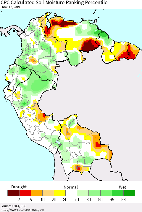 Northern South America CPC Calculated Soil Moisture Ranking Percentile Thematic Map For 11/11/2019 - 11/15/2019