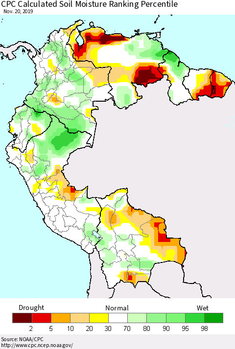 Northern South America CPC Soil Moisture Ranking Percentile (Leaky Bucket) Thematic Map For 11/16/2019 - 11/20/2019