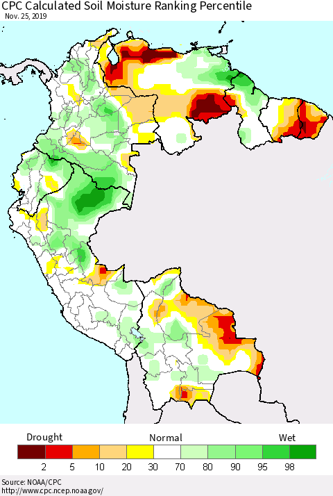 Northern South America CPC Calculated Soil Moisture Ranking Percentile Thematic Map For 11/21/2019 - 11/25/2019