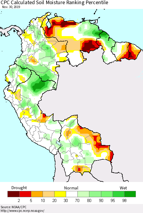Northern South America CPC Calculated Soil Moisture Ranking Percentile Thematic Map For 11/26/2019 - 11/30/2019