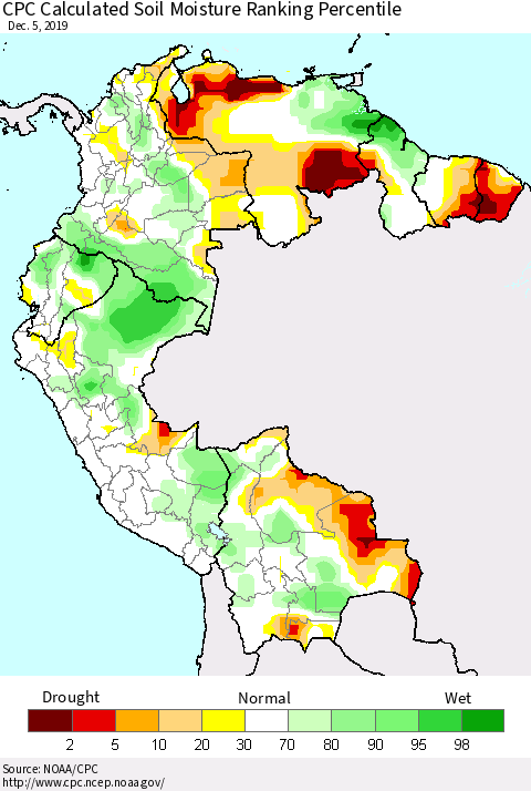 Northern South America CPC Calculated Soil Moisture Ranking Percentile Thematic Map For 12/1/2019 - 12/5/2019