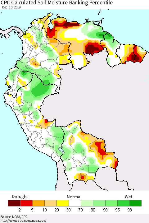 Northern South America CPC Calculated Soil Moisture Ranking Percentile Thematic Map For 12/6/2019 - 12/10/2019