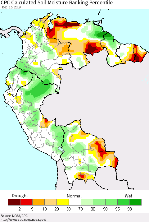 Northern South America CPC Calculated Soil Moisture Ranking Percentile Thematic Map For 12/11/2019 - 12/15/2019