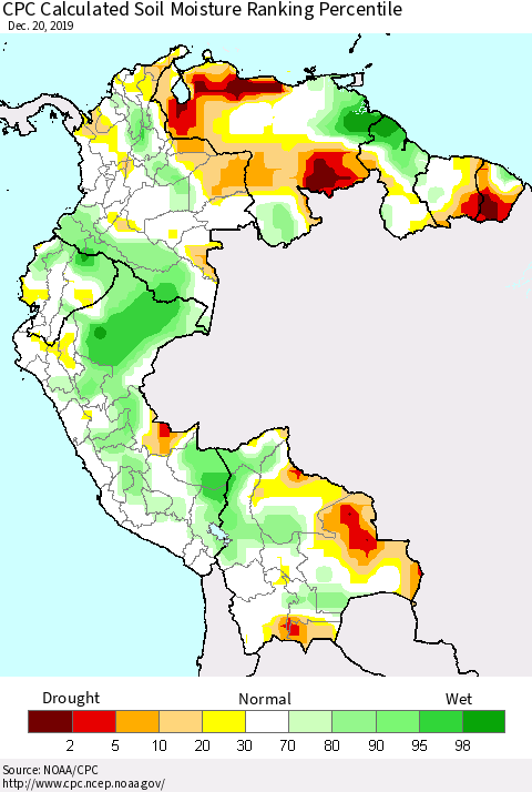 Northern South America CPC Calculated Soil Moisture Ranking Percentile Thematic Map For 12/16/2019 - 12/20/2019