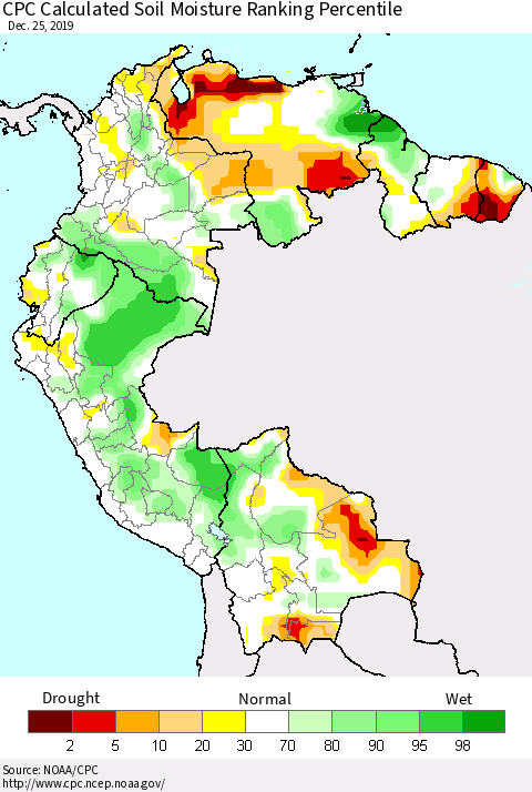 Northern South America CPC Calculated Soil Moisture Ranking Percentile Thematic Map For 12/21/2019 - 12/25/2019