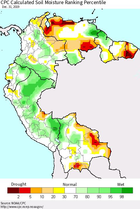 Northern South America CPC Calculated Soil Moisture Ranking Percentile Thematic Map For 12/26/2019 - 12/31/2019