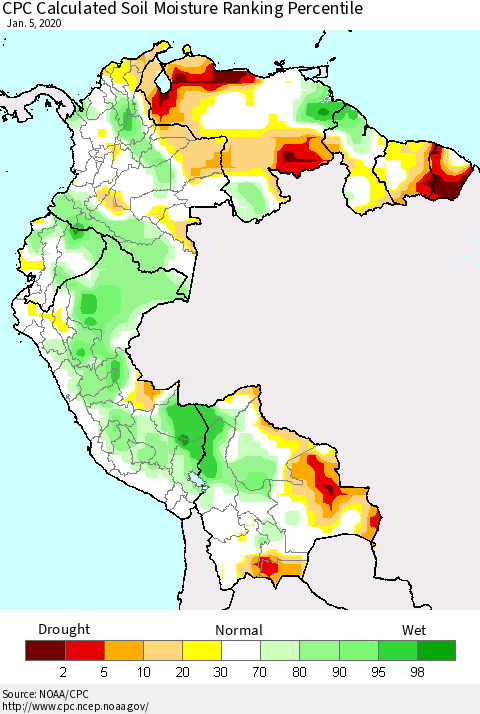 Northern South America CPC Soil Moisture Ranking Percentile (Leaky Bucket) Thematic Map For 1/1/2020 - 1/5/2020