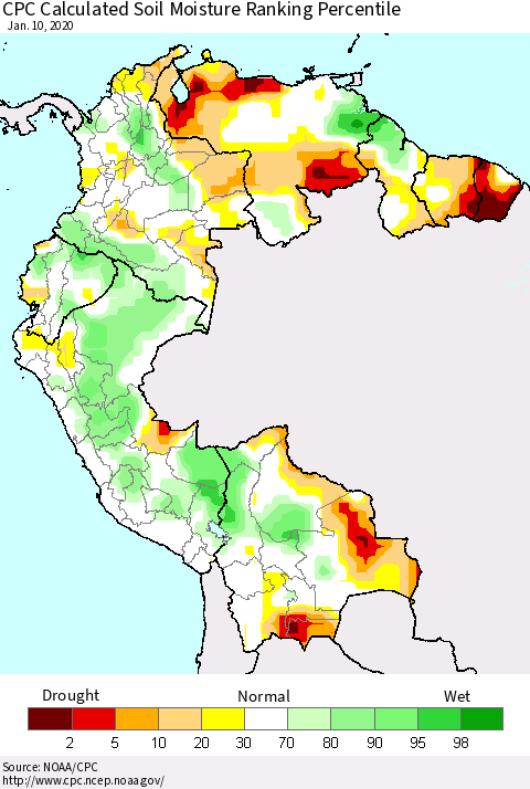 Northern South America CPC Soil Moisture Ranking Percentile (Leaky Bucket) Thematic Map For 1/6/2020 - 1/10/2020