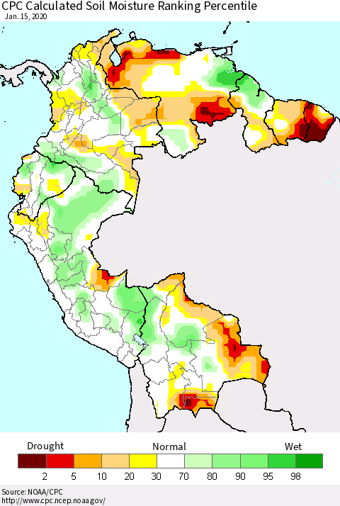 Northern South America CPC Calculated Soil Moisture Ranking Percentile Thematic Map For 1/11/2020 - 1/15/2020