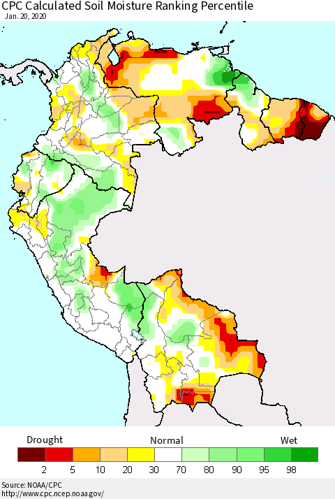 Northern South America CPC Calculated Soil Moisture Ranking Percentile Thematic Map For 1/16/2020 - 1/20/2020