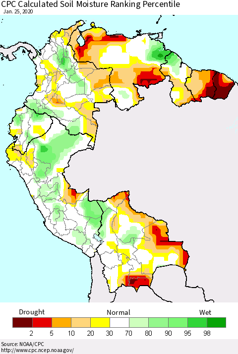 Northern South America CPC Calculated Soil Moisture Ranking Percentile Thematic Map For 1/21/2020 - 1/25/2020