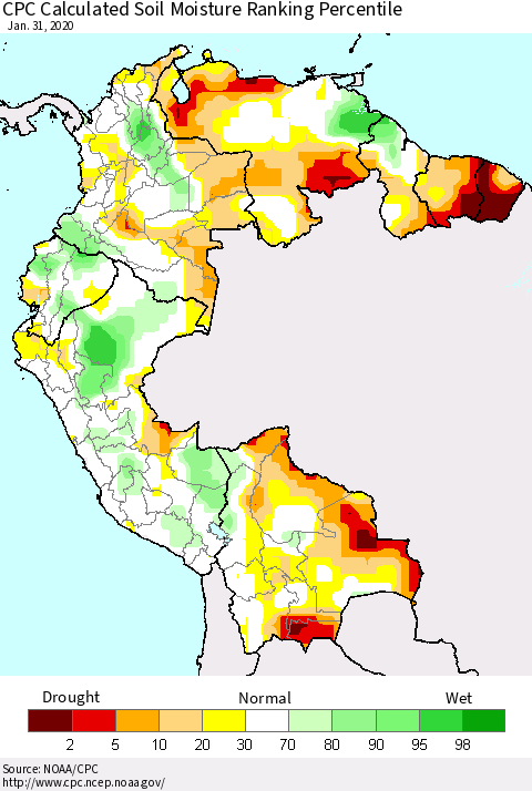 Northern South America CPC Calculated Soil Moisture Ranking Percentile Thematic Map For 1/26/2020 - 1/31/2020