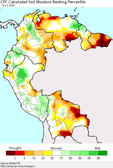 Northern South America CPC Calculated Soil Moisture Ranking Percentile Thematic Map For 2/1/2020 - 2/5/2020