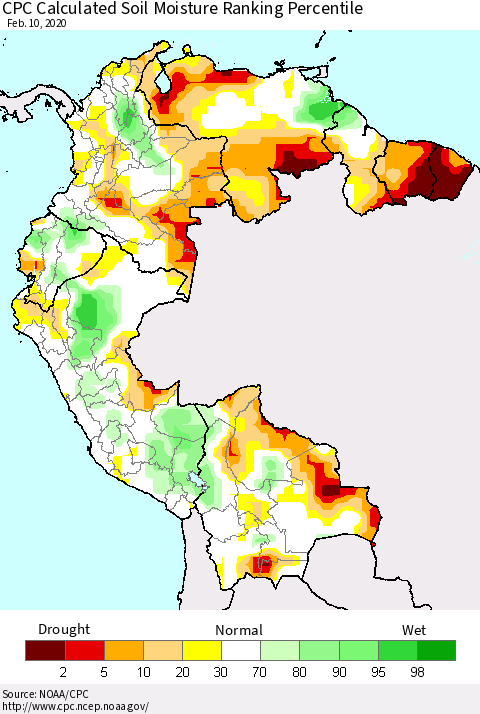 Northern South America CPC Soil Moisture Ranking Percentile (Leaky Bucket) Thematic Map For 2/6/2020 - 2/10/2020