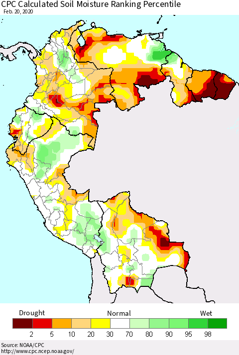 Northern South America CPC Calculated Soil Moisture Ranking Percentile Thematic Map For 2/16/2020 - 2/20/2020