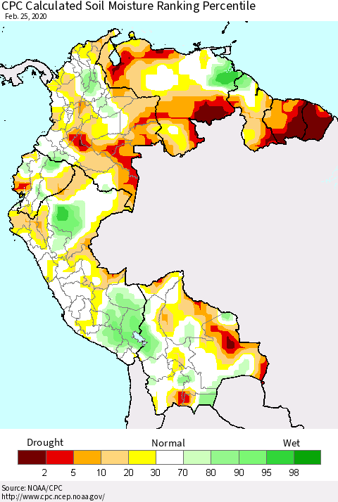 Northern South America CPC Calculated Soil Moisture Ranking Percentile Thematic Map For 2/21/2020 - 2/25/2020