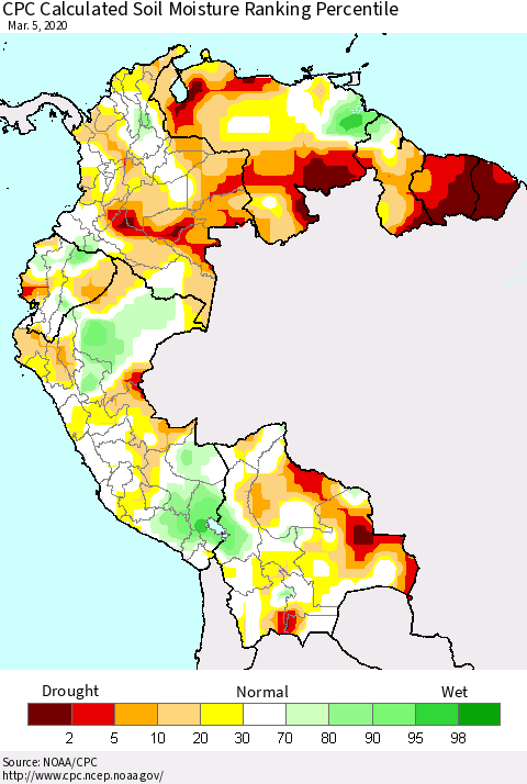 Northern South America CPC Soil Moisture Ranking Percentile (Leaky Bucket) Thematic Map For 3/1/2020 - 3/5/2020