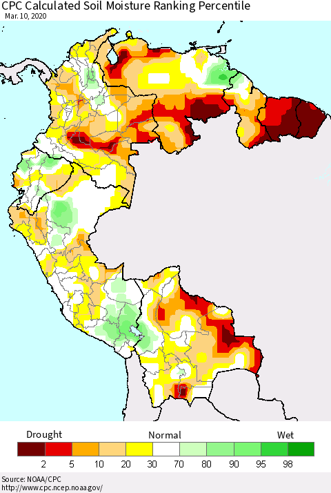 Northern South America CPC Soil Moisture Ranking Percentile (Leaky Bucket) Thematic Map For 3/6/2020 - 3/10/2020