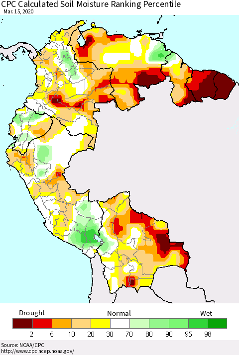 Northern South America CPC Calculated Soil Moisture Ranking Percentile Thematic Map For 3/11/2020 - 3/15/2020