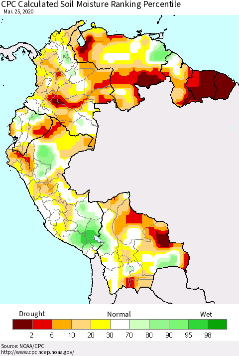 Northern South America CPC Calculated Soil Moisture Ranking Percentile Thematic Map For 3/21/2020 - 3/25/2020