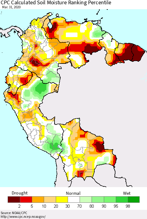 Northern South America CPC Soil Moisture Ranking Percentile (Leaky Bucket) Thematic Map For 3/26/2020 - 3/31/2020