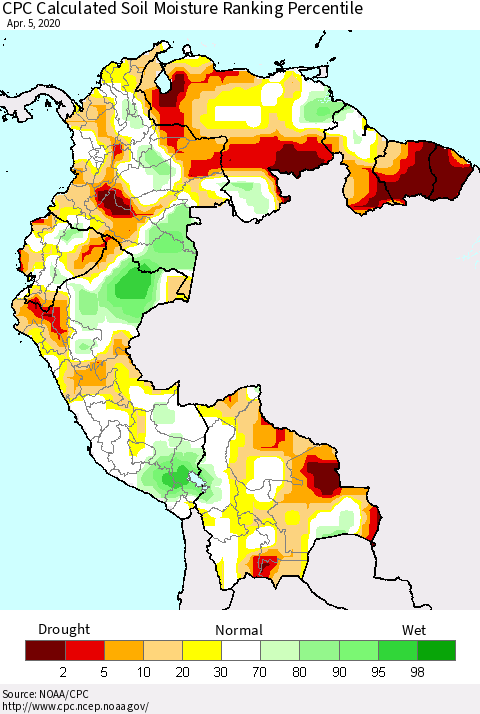 Northern South America CPC Calculated Soil Moisture Ranking Percentile Thematic Map For 4/1/2020 - 4/5/2020
