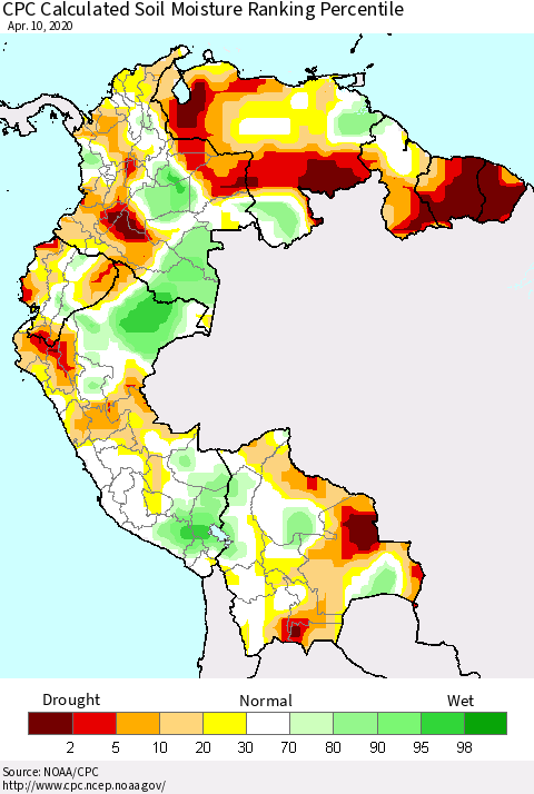 Northern South America CPC Soil Moisture Ranking Percentile (Leaky Bucket) Thematic Map For 4/6/2020 - 4/10/2020