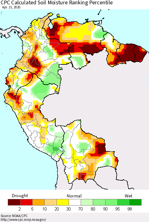Northern South America CPC Calculated Soil Moisture Ranking Percentile Thematic Map For 4/11/2020 - 4/15/2020