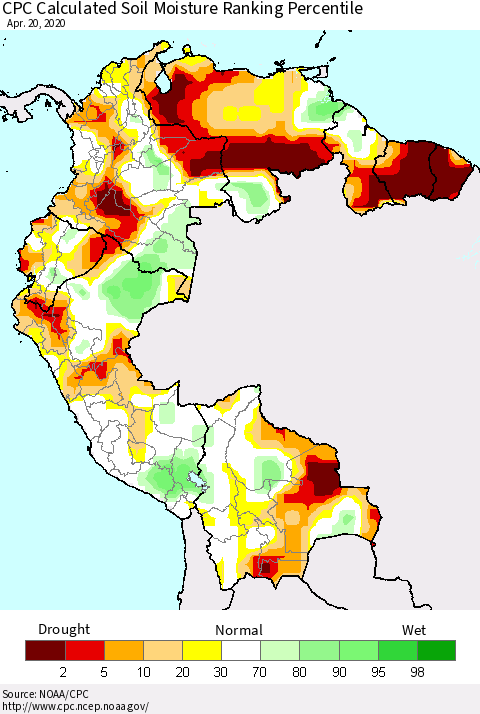 Northern South America CPC Calculated Soil Moisture Ranking Percentile Thematic Map For 4/16/2020 - 4/20/2020
