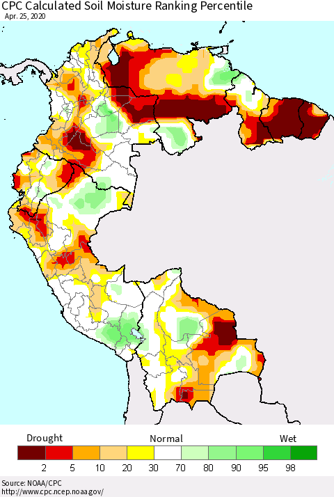 Northern South America CPC Soil Moisture Ranking Percentile (Leaky Bucket) Thematic Map For 4/21/2020 - 4/25/2020