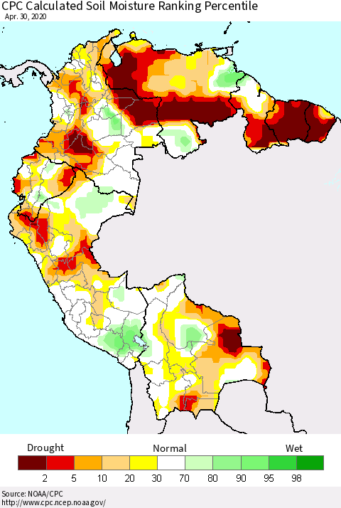 Northern South America CPC Soil Moisture Ranking Percentile (Leaky Bucket) Thematic Map For 4/26/2020 - 4/30/2020
