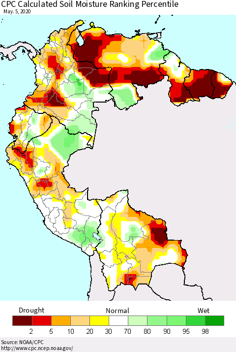 Northern South America CPC Calculated Soil Moisture Ranking Percentile Thematic Map For 5/1/2020 - 5/5/2020