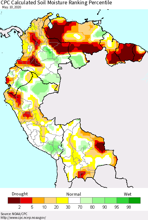 Northern South America CPC Calculated Soil Moisture Ranking Percentile Thematic Map For 5/6/2020 - 5/10/2020