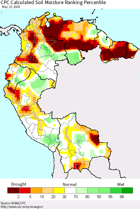 Northern South America CPC Calculated Soil Moisture Ranking Percentile Thematic Map For 5/11/2020 - 5/15/2020