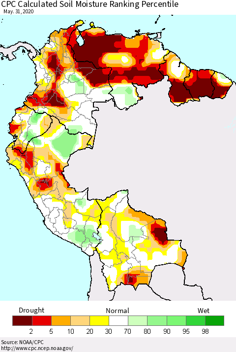 Northern South America CPC Soil Moisture Ranking Percentile (Leaky Bucket) Thematic Map For 5/26/2020 - 5/31/2020