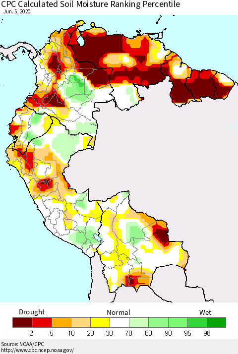 Northern South America CPC Calculated Soil Moisture Ranking Percentile Thematic Map For 6/1/2020 - 6/5/2020
