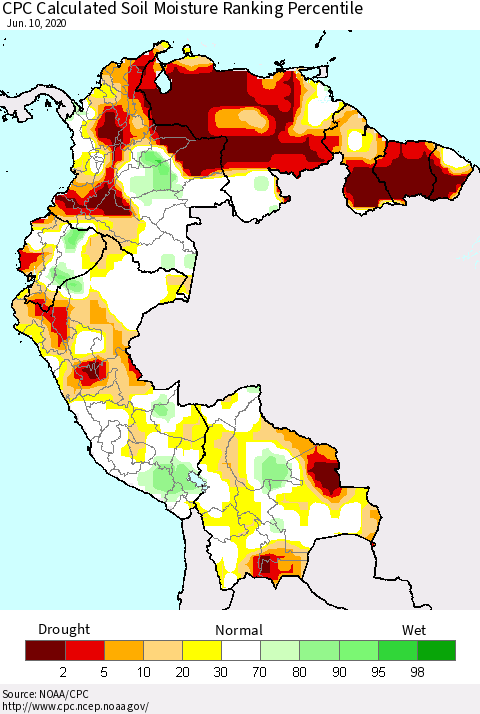 Northern South America CPC Calculated Soil Moisture Ranking Percentile Thematic Map For 6/6/2020 - 6/10/2020