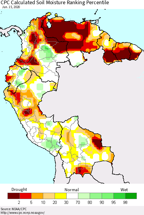 Northern South America CPC Soil Moisture Ranking Percentile (Leaky Bucket) Thematic Map For 6/11/2020 - 6/15/2020