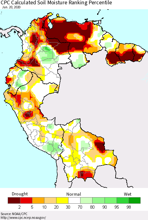 Northern South America CPC Calculated Soil Moisture Ranking Percentile Thematic Map For 6/16/2020 - 6/20/2020