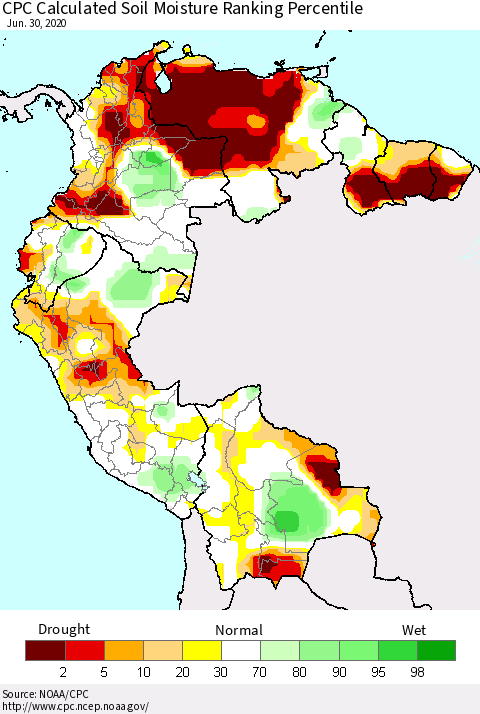 Northern South America CPC Soil Moisture Ranking Percentile (Leaky Bucket) Thematic Map For 6/26/2020 - 6/30/2020