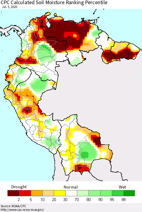 Northern South America CPC Calculated Soil Moisture Ranking Percentile Thematic Map For 7/1/2020 - 7/5/2020