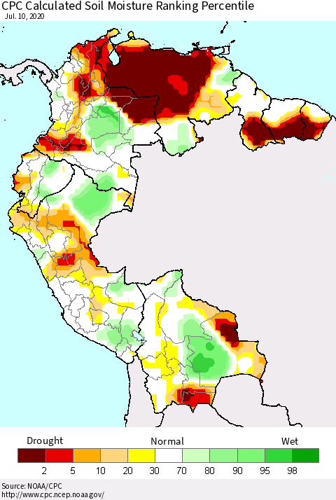 Northern South America CPC Calculated Soil Moisture Ranking Percentile Thematic Map For 7/6/2020 - 7/10/2020