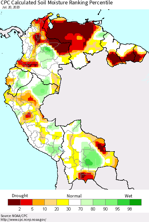 Northern South America CPC Calculated Soil Moisture Ranking Percentile Thematic Map For 7/16/2020 - 7/20/2020