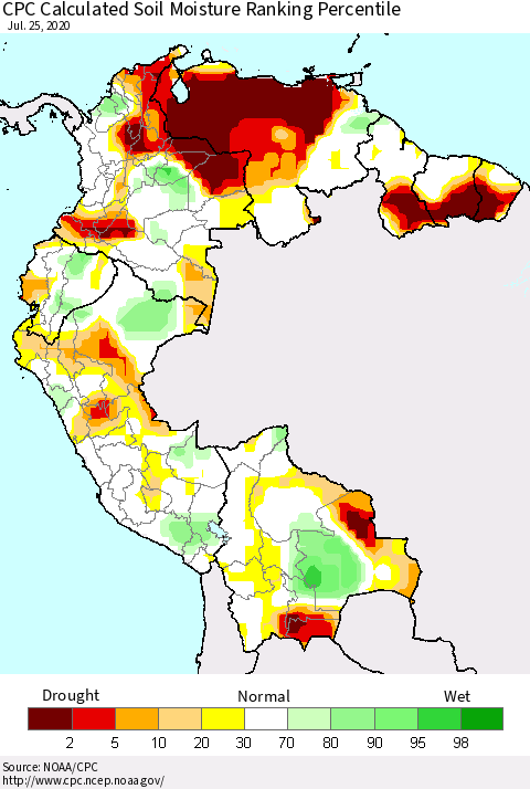 Northern South America CPC Calculated Soil Moisture Ranking Percentile Thematic Map For 7/21/2020 - 7/25/2020